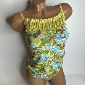 Melody Square Y2K Floral Ruffle Cami Top Green Blue Lace Trim Fairycore Small